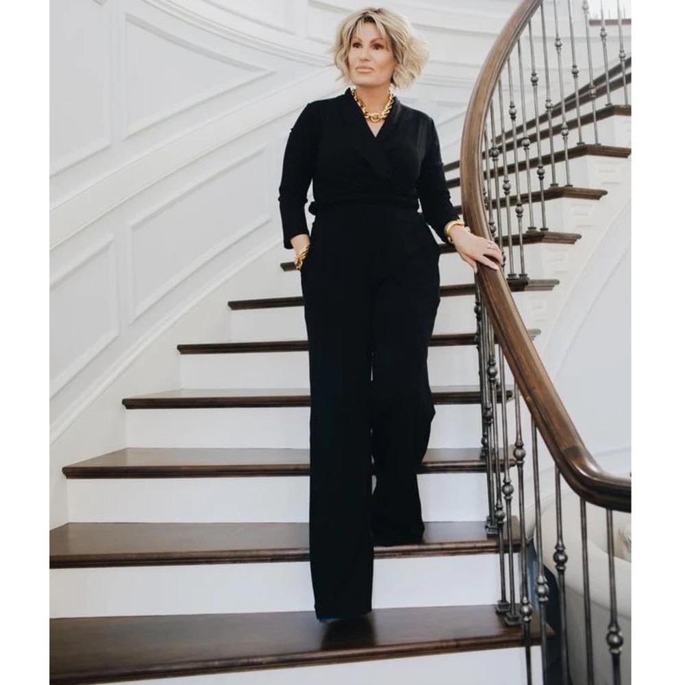 Taylor Jay Ultrasoft V-Neck Wrap London Jumpsuit Black L/XL Wide Leg Made in USA - Picture 3 of 5
